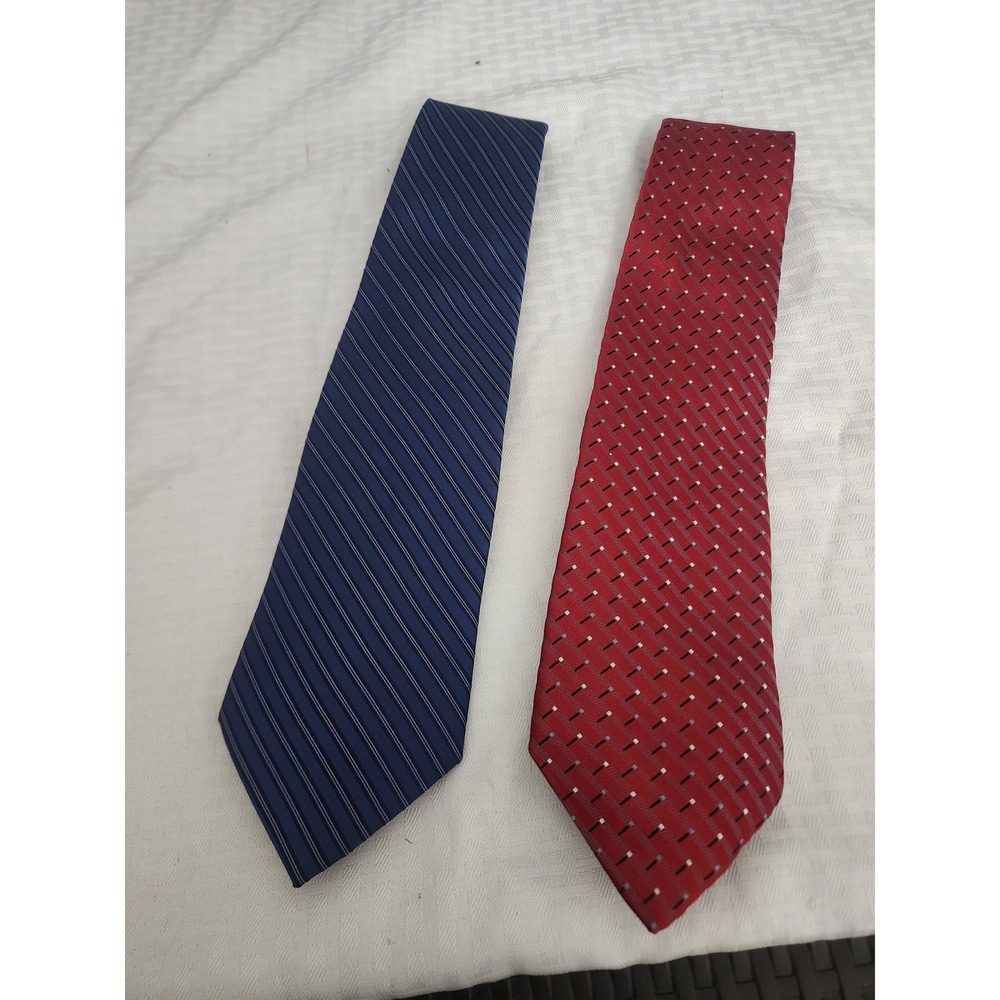 J. Ferrar Mens Necktie Lot of 2 Navy Blue Striped and Red Geometric Silk Ties
